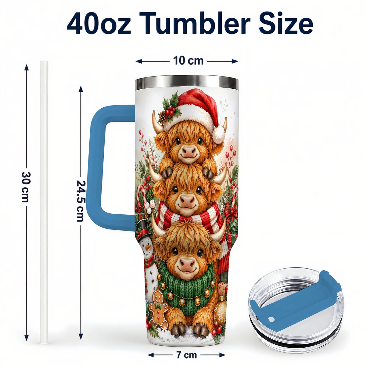 #pl[40oz|Blue] Cow Family 40oz Tumbler with Handle, Christmas Stainless Steel Travel Cup