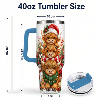 #pl[40oz|Blue] Cow Family 40oz Tumbler with Handle, Christmas Stainless Steel Travel Cup