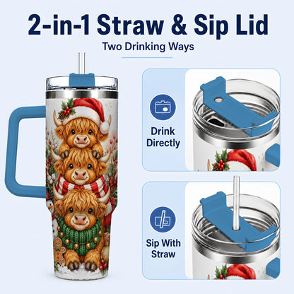 #pl[40oz|Blue] Cow Family 40oz Tumbler with Handle, Christmas Stainless Steel Travel Cup