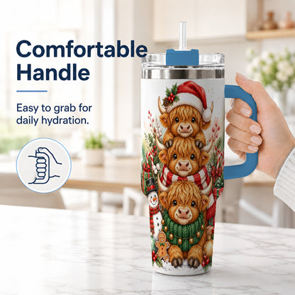 #pl[40oz|Blue] Cow Family 40oz Tumbler with Handle, Christmas Stainless Steel Travel Cup