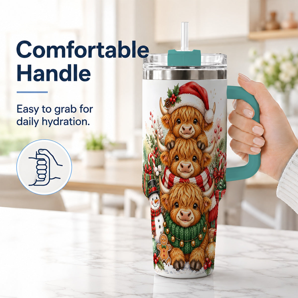 #pl[40oz|Green] Cow Family 40oz Tumbler with Handle, Christmas Stainless Steel Travel Cup