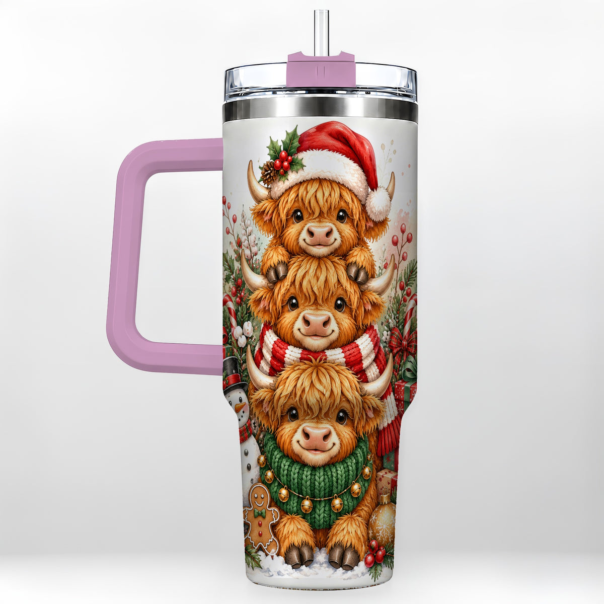 #pl[40oz|Pink] Cow Family 40oz Tumbler with Handle, Christmas Stainless Steel Travel Cup
