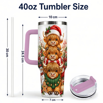#pl[40oz|Pink] Cow Family 40oz Tumbler with Handle, Christmas Stainless Steel Travel Cup