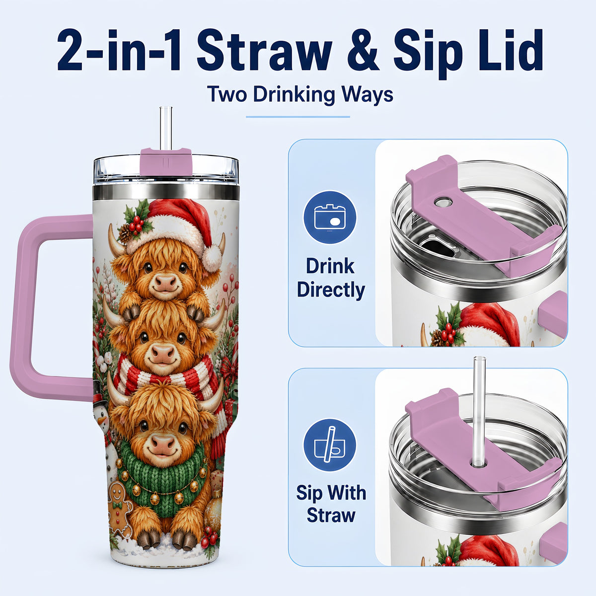 #pl[40oz|Pink] Cow Family 40oz Tumbler with Handle, Christmas Stainless Steel Travel Cup