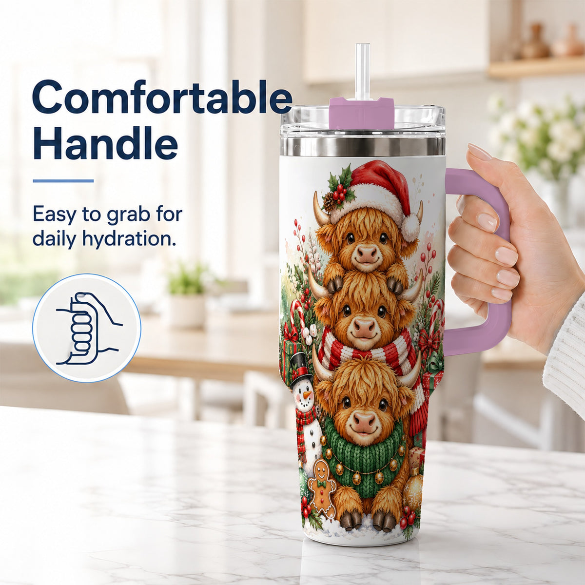 #pl[40oz|Pink] Cow Family 40oz Tumbler with Handle, Christmas Stainless Steel Travel Cup