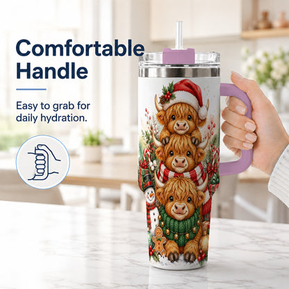 #pl[40oz|Pink] Cow Family 40oz Tumbler with Handle, Christmas Stainless Steel Travel Cup