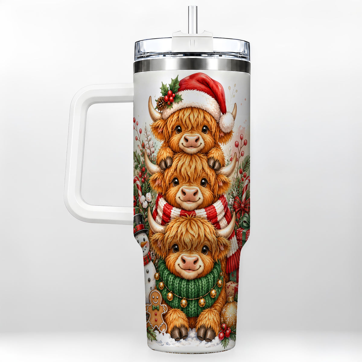 #pl[40oz|White] Cow Family 40oz Tumbler with Handle, Christmas Stainless Steel Travel Cup
