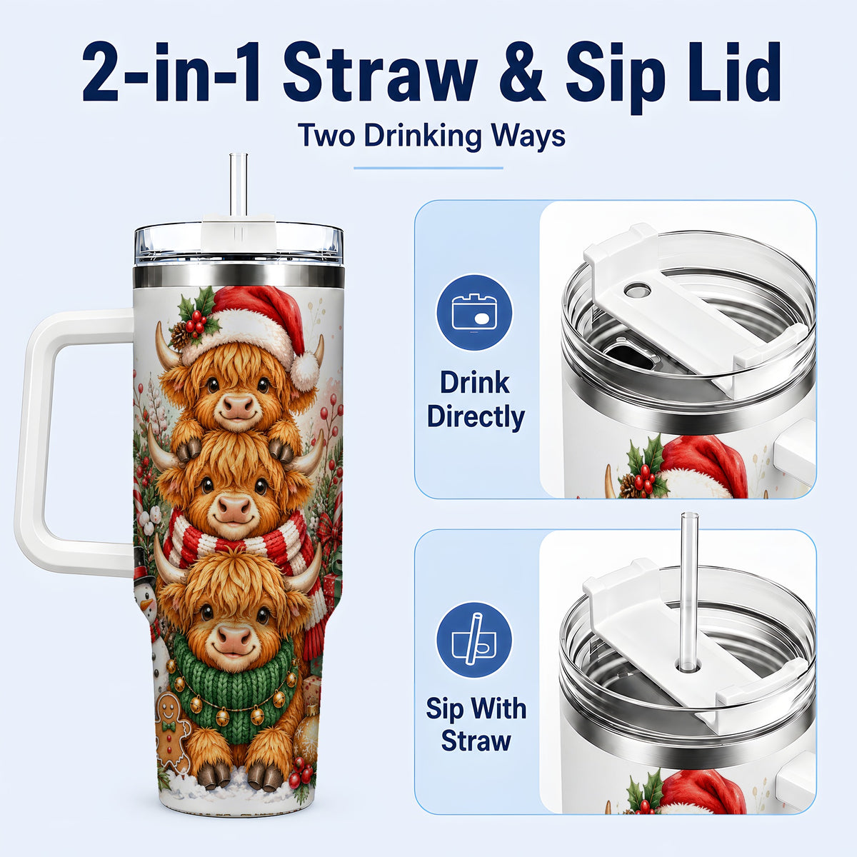 #pl[40oz|White] Cow Family 40oz Tumbler with Handle, Christmas Stainless Steel Travel Cup