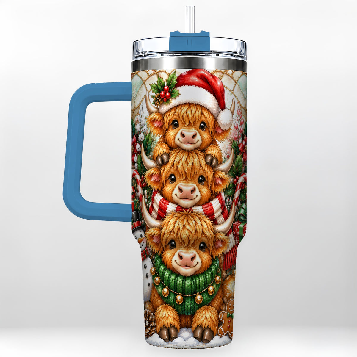 #pl[40oz|Blue] Cow Family 40oz Tumbler with Handle, Christmas Stainless Steel Travel Cup