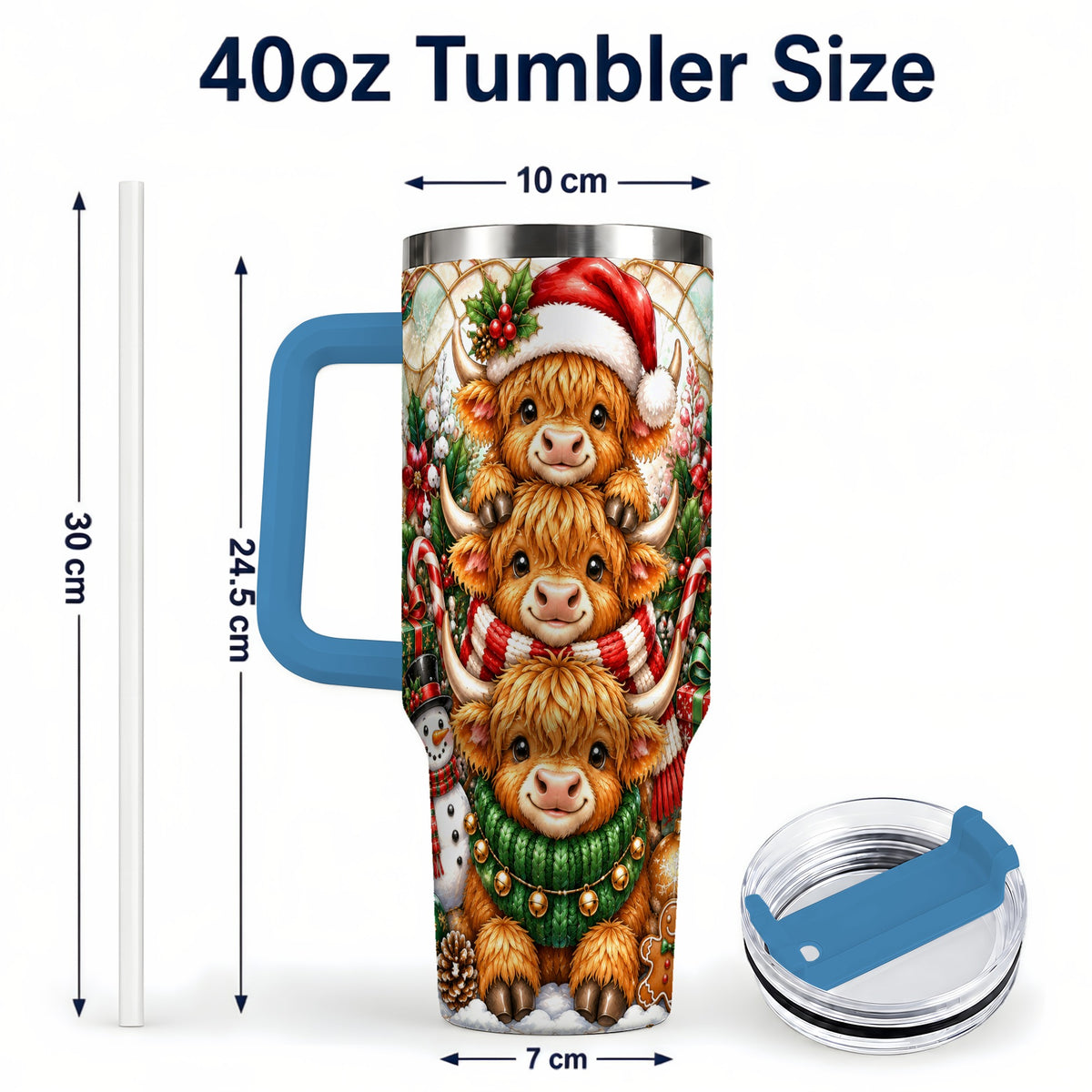 #pl[40oz|Blue] Cow Family 40oz Tumbler with Handle, Christmas Stainless Steel Travel Cup