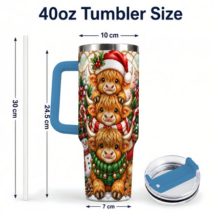 #pl[40oz|Blue] Cow Family 40oz Tumbler with Handle, Christmas Stainless Steel Travel Cup