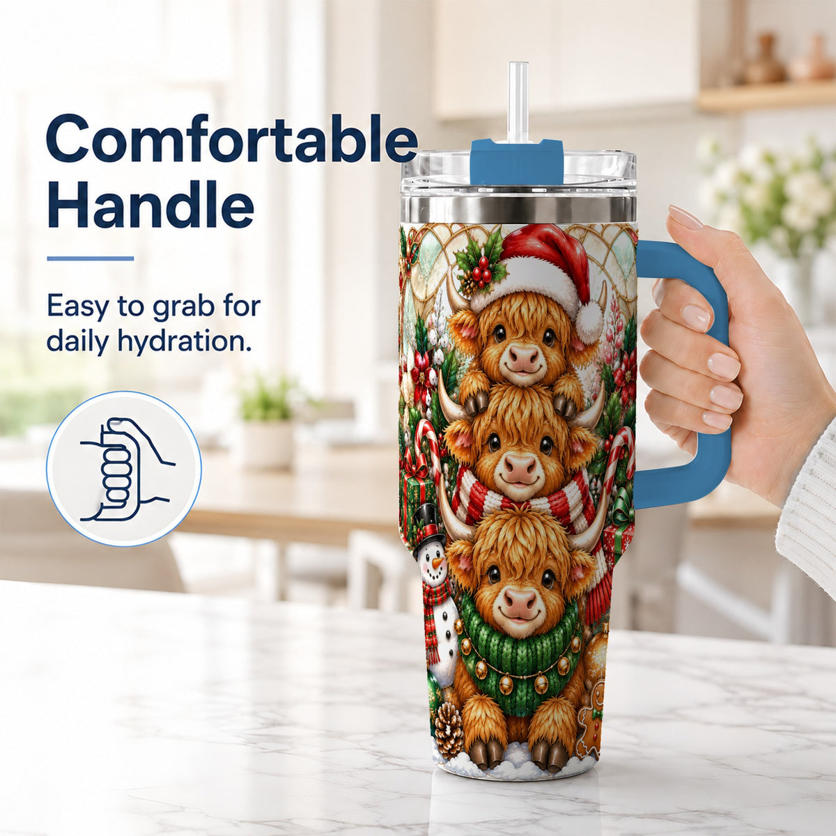 #pl[40oz|Blue] Cow Family 40oz Tumbler with Handle, Christmas Stainless Steel Travel Cup