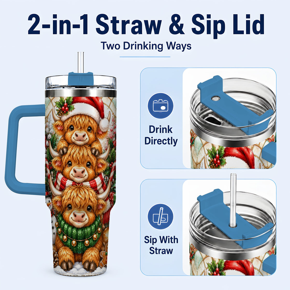#pl[40oz|Blue] Cow Family 40oz Tumbler with Handle, Christmas Stainless Steel Travel Cup