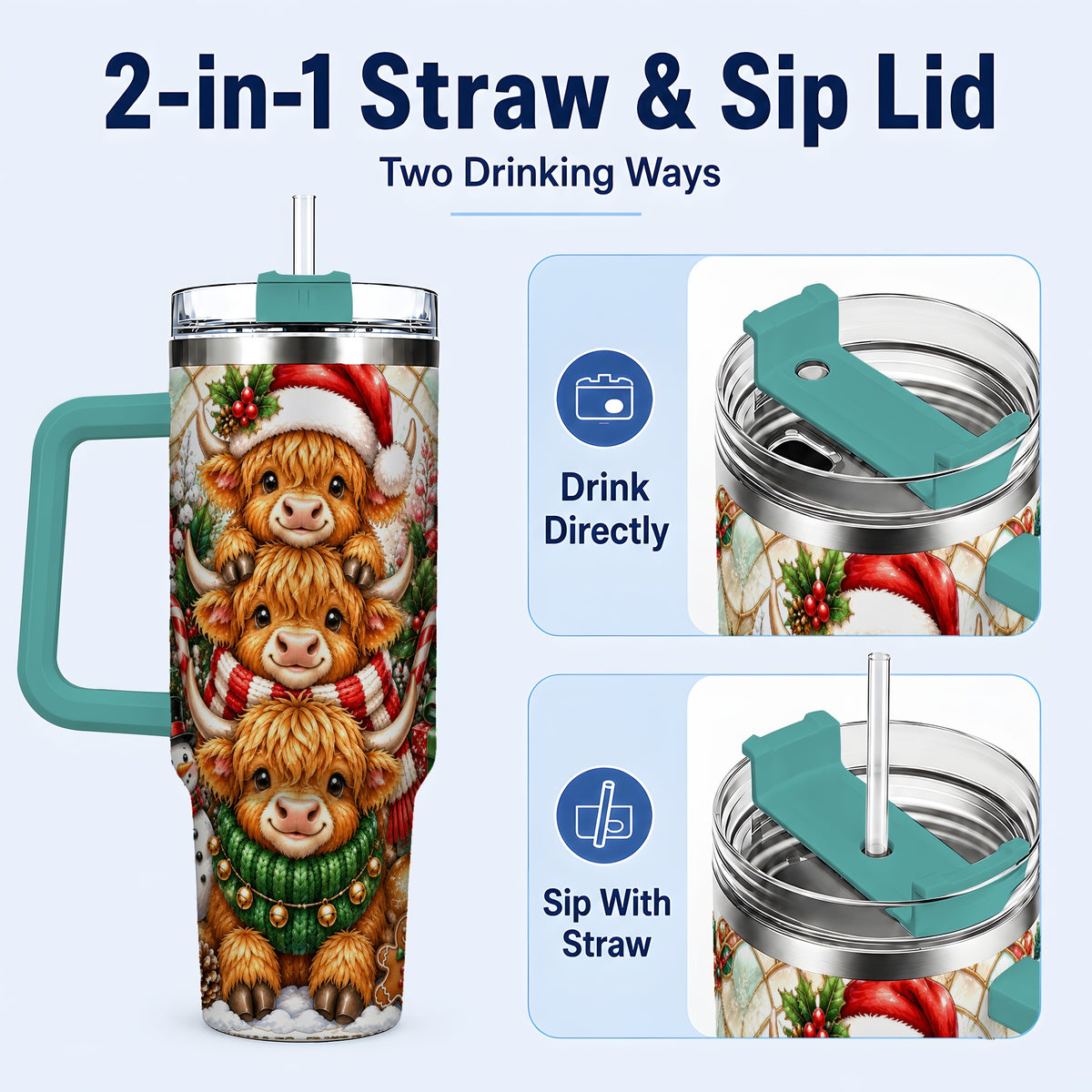 #pl[40oz|Green] Cow Family 40oz Tumbler with Handle, Christmas Stainless Steel Travel Cup