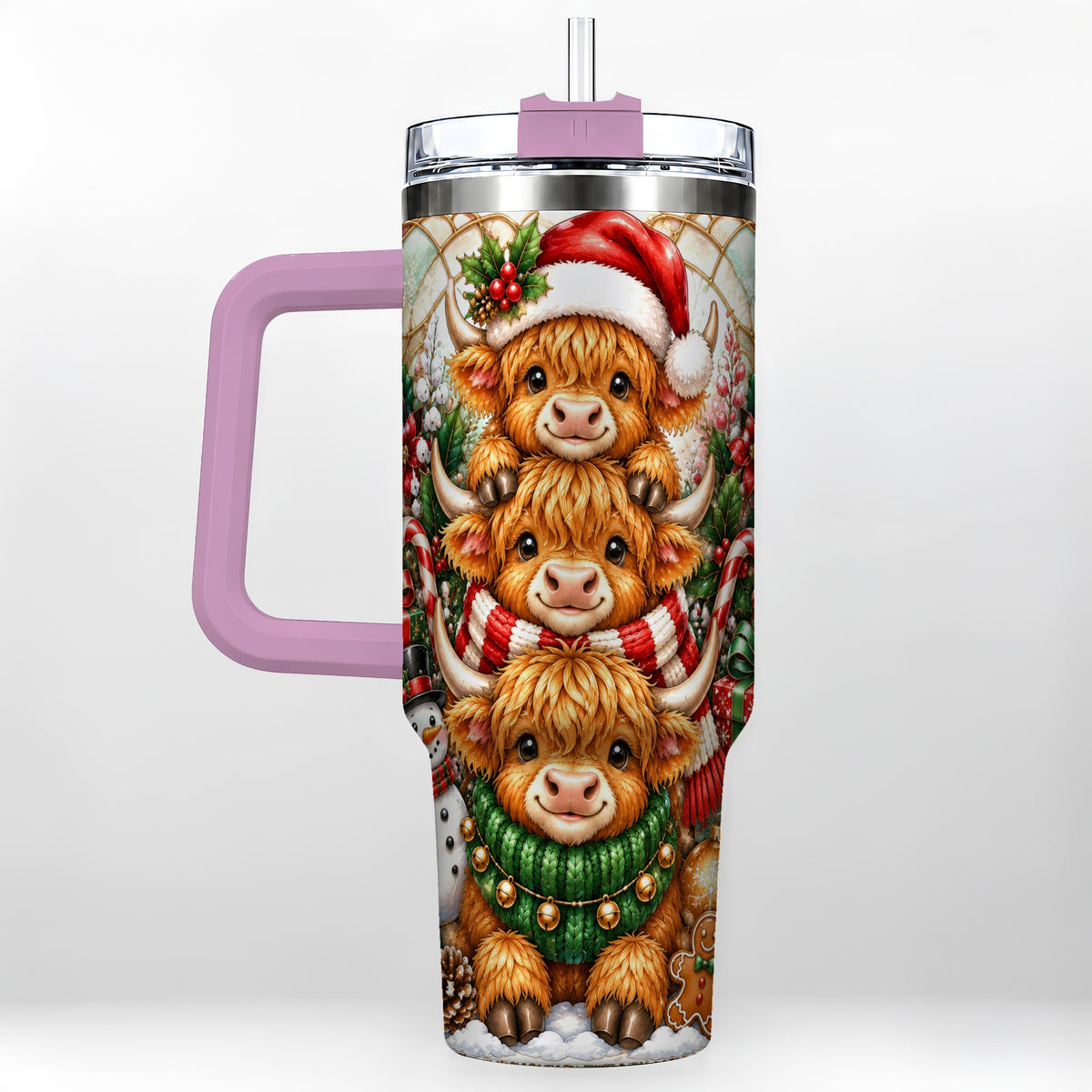 #pl[40oz|Pink] Cow Family 40oz Tumbler with Handle, Christmas Stainless Steel Travel Cup