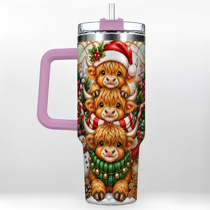 #pl[40oz|Pink] Cow Family 40oz Tumbler with Handle, Christmas Stainless Steel Travel Cup