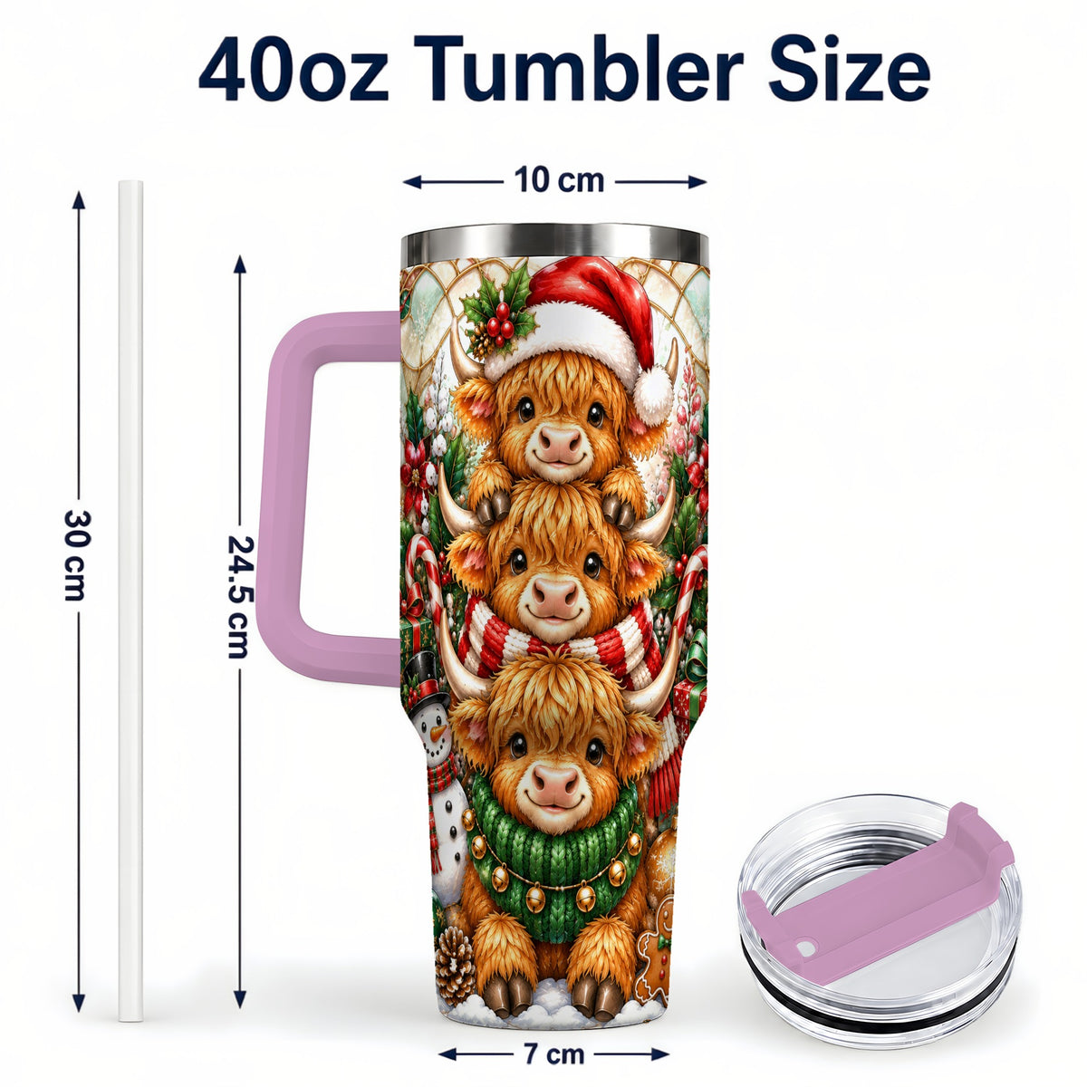 #pl[40oz|Pink] Cow Family 40oz Tumbler with Handle, Christmas Stainless Steel Travel Cup