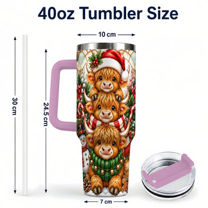 #pl[40oz|Pink] Cow Family 40oz Tumbler with Handle, Christmas Stainless Steel Travel Cup