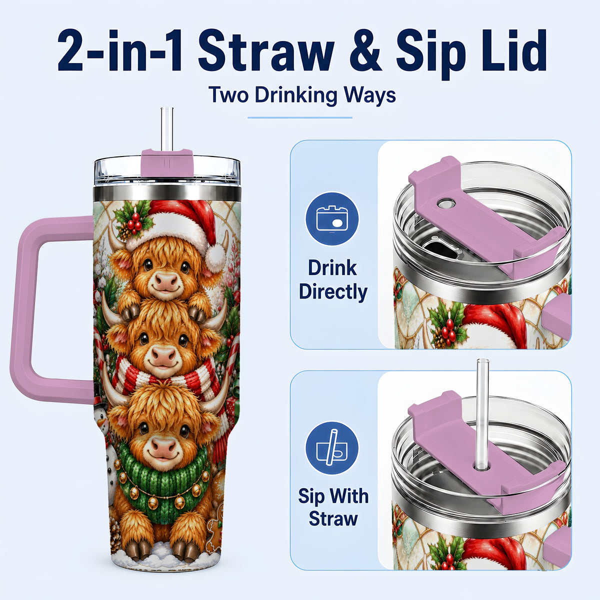 #pl[40oz|Pink] Cow Family 40oz Tumbler with Handle, Christmas Stainless Steel Travel Cup