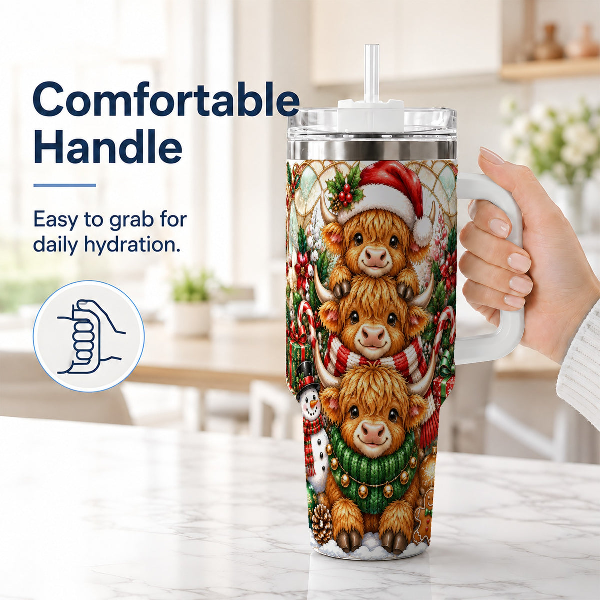 #pl[40oz|White] Cow Family 40oz Tumbler with Handle, Christmas Stainless Steel Travel Cup