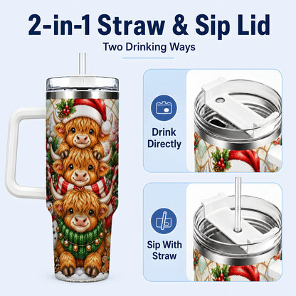 #pl[40oz|White] Cow Family 40oz Tumbler with Handle, Christmas Stainless Steel Travel Cup