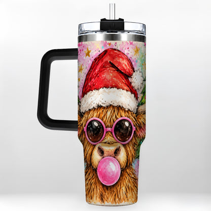 #pl[40oz|Black] Christmas Highland Cow 40oz Tumbler with Handle, Festive Travel Cup