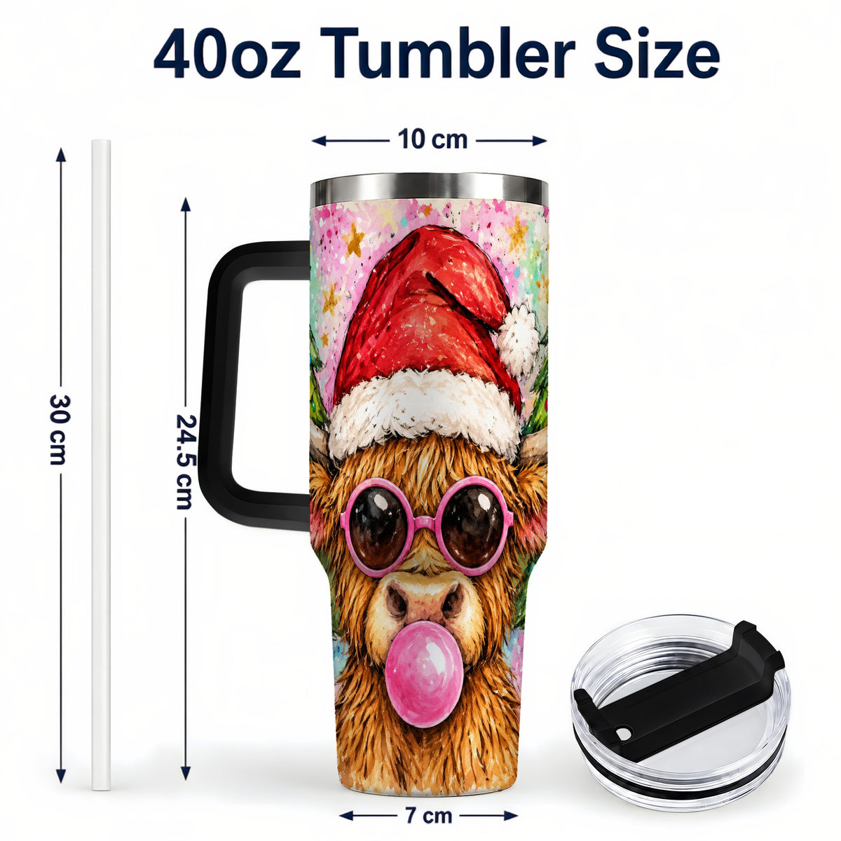 #pl[40oz|Black] Christmas Highland Cow 40oz Tumbler with Handle, Festive Travel Cup