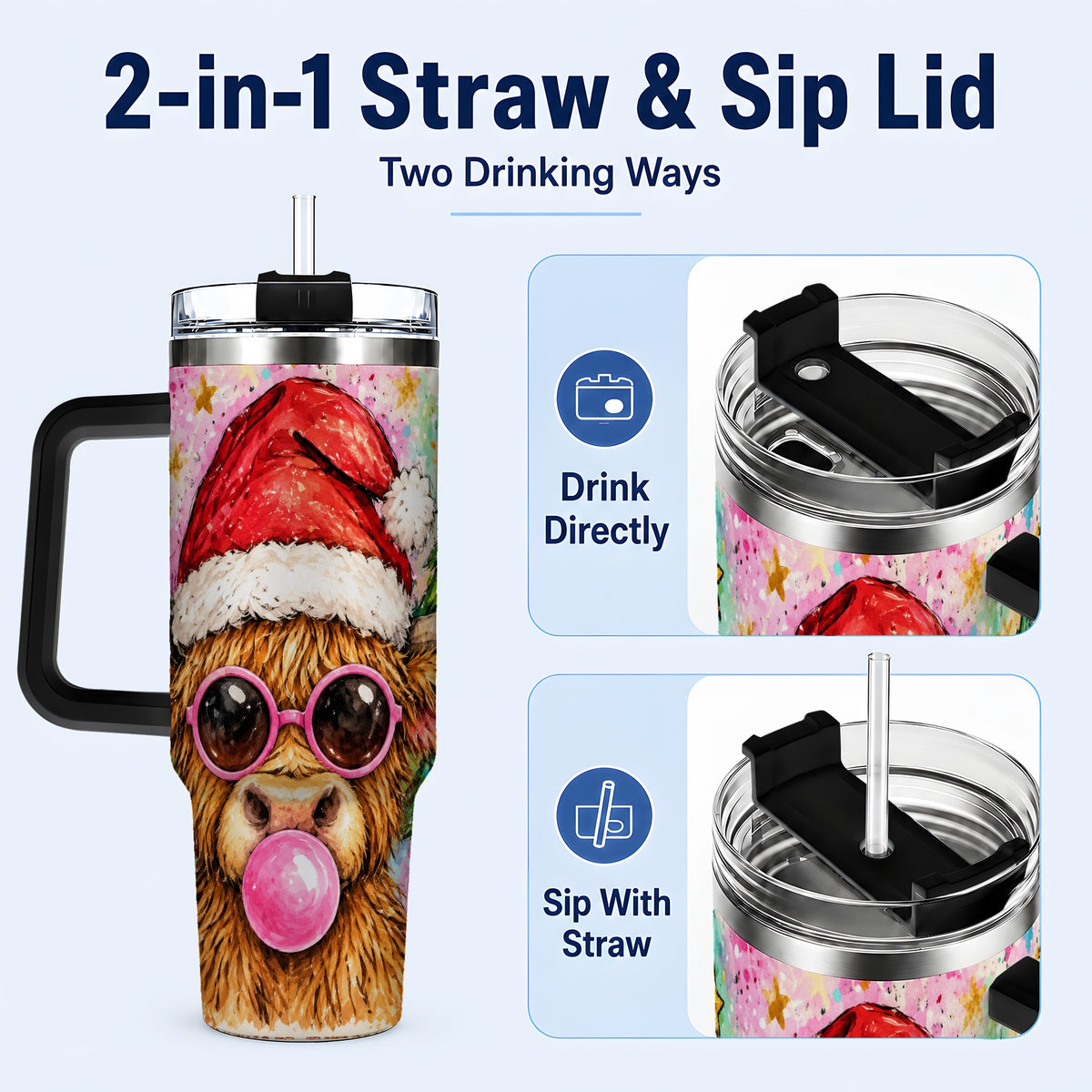#pl[40oz|Black] Christmas Highland Cow 40oz Tumbler with Handle, Festive Travel Cup
