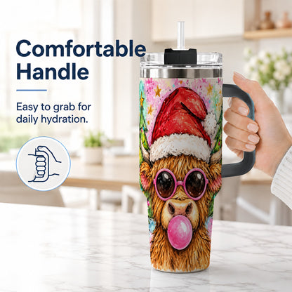 #pl[40oz|Black] Christmas Highland Cow 40oz Tumbler with Handle, Festive Travel Cup