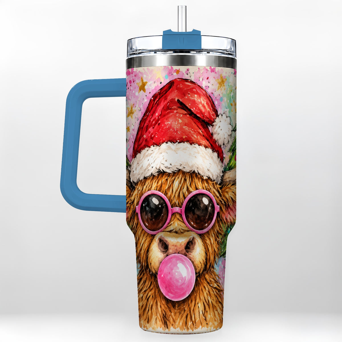 #pl[40oz|Blue] Christmas Highland Cow 40oz Tumbler with Handle, Festive Travel Cup