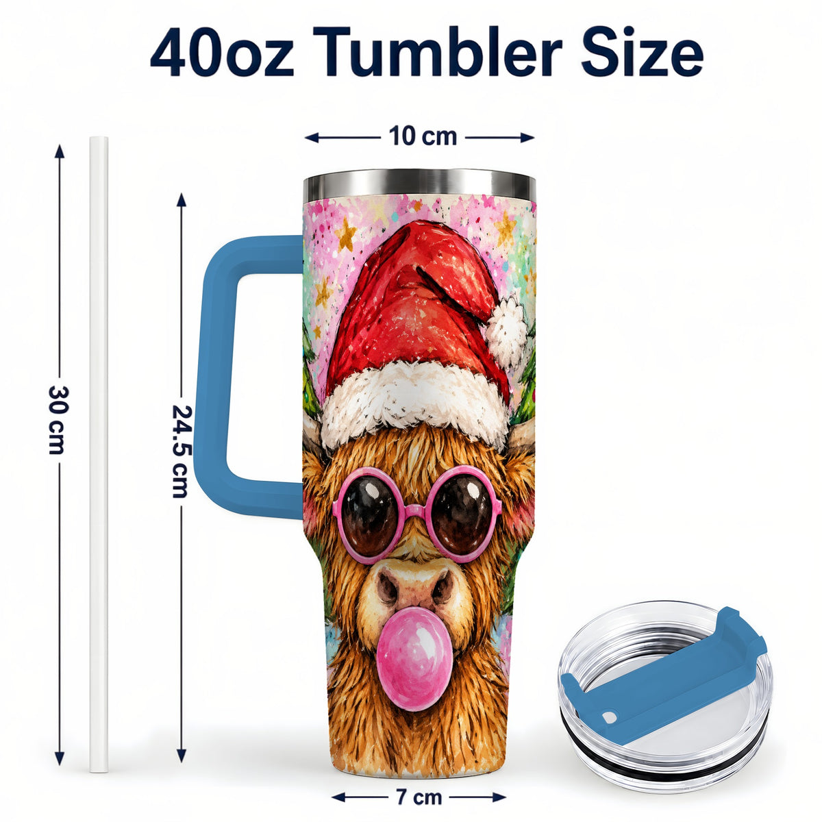 #pl[40oz|Blue] Christmas Highland Cow 40oz Tumbler with Handle, Festive Travel Cup