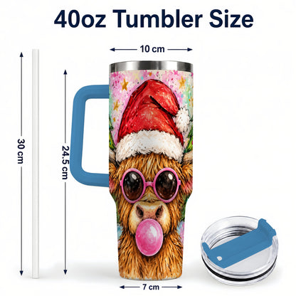 #pl[40oz|Blue] Christmas Highland Cow 40oz Tumbler with Handle, Festive Travel Cup