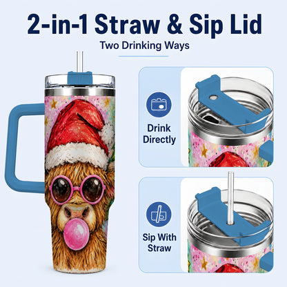 #pl[40oz|Blue] Christmas Highland Cow 40oz Tumbler with Handle, Festive Travel Cup