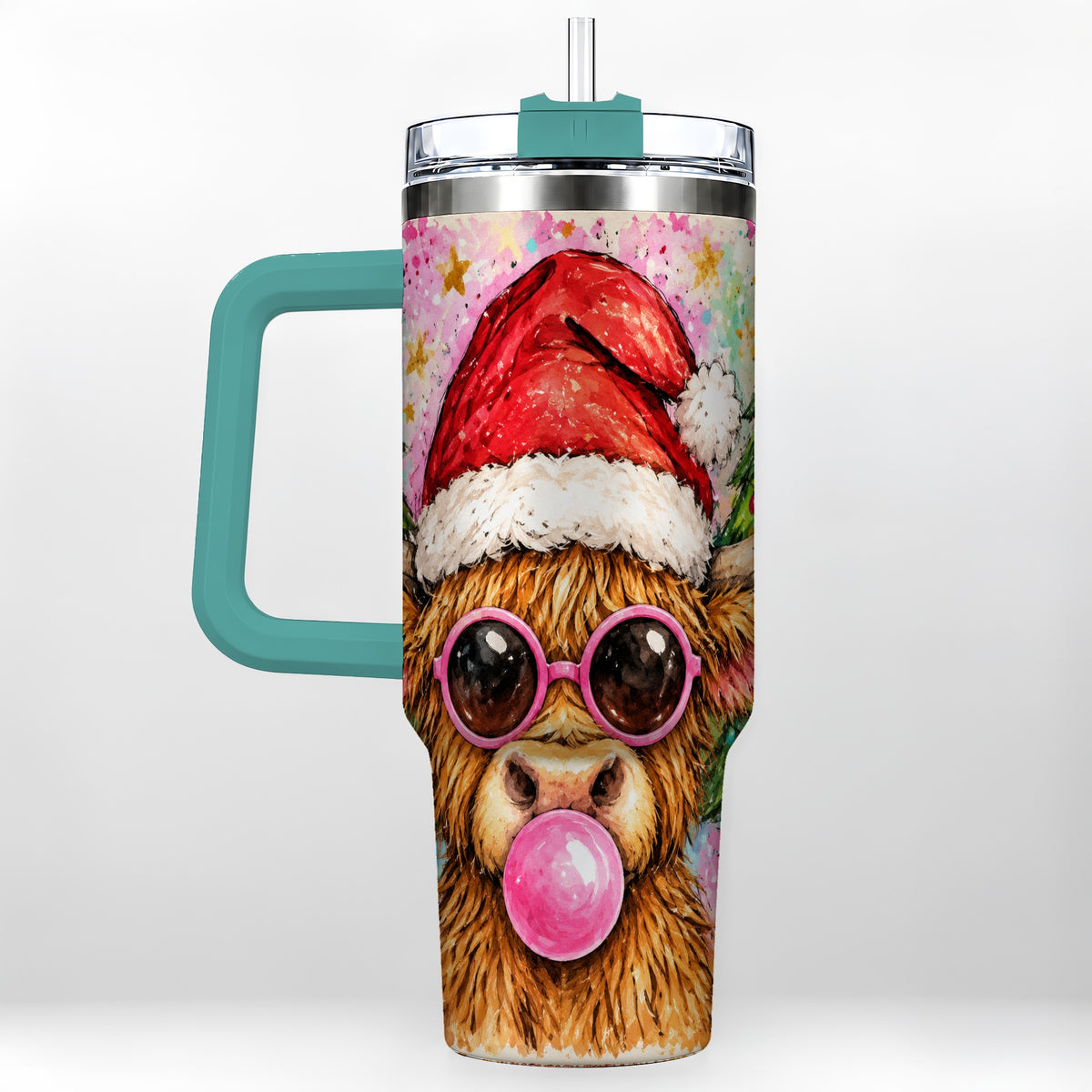 #pl[40oz|Green] Christmas Highland Cow 40oz Tumbler with Handle, Festive Travel Cup
