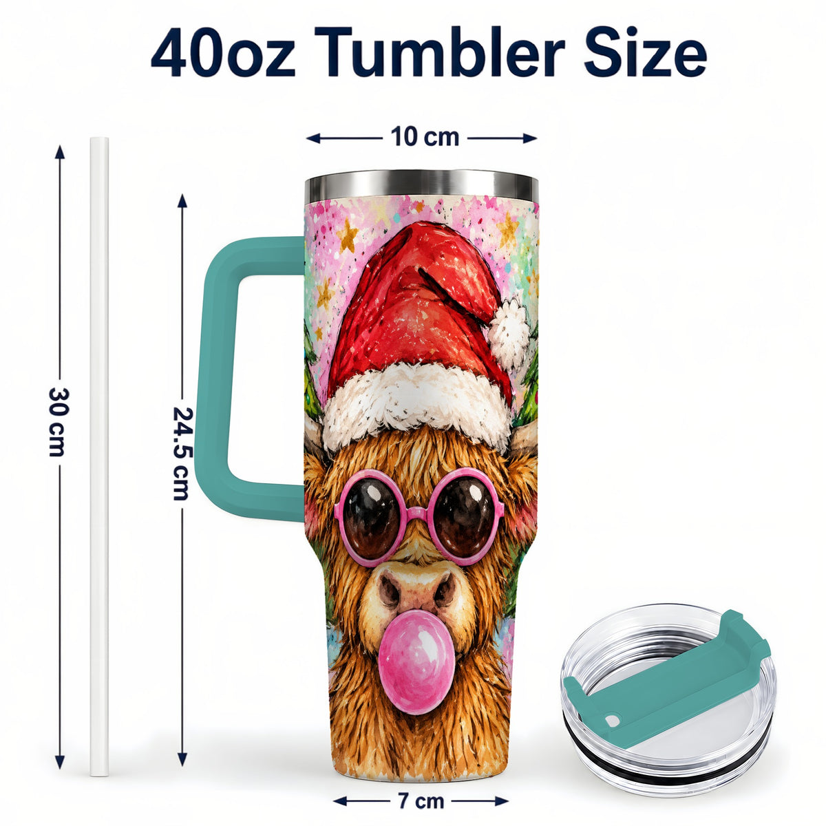 #pl[40oz|Green] Christmas Highland Cow 40oz Tumbler with Handle, Festive Travel Cup