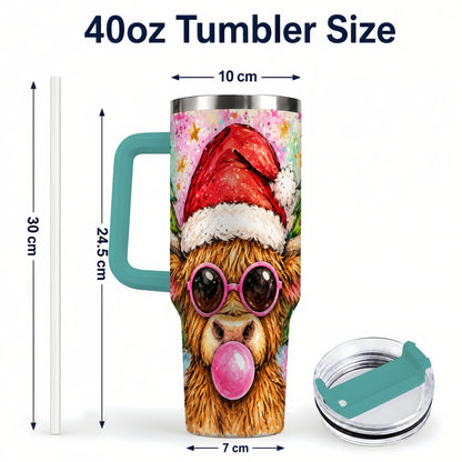 #pl[40oz|Green] Christmas Highland Cow 40oz Tumbler with Handle, Festive Travel Cup