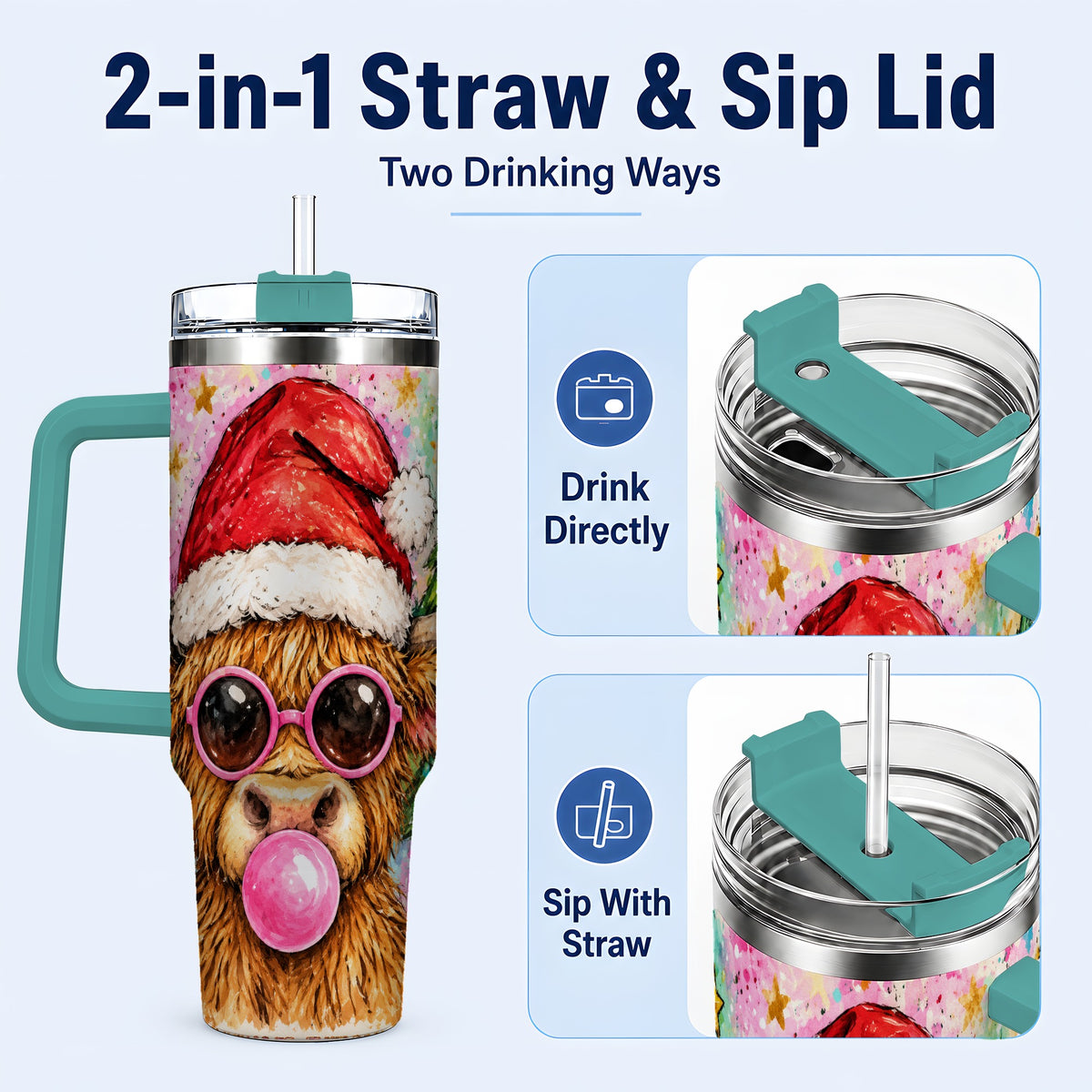 #pl[40oz|Green] Christmas Highland Cow 40oz Tumbler with Handle, Festive Travel Cup