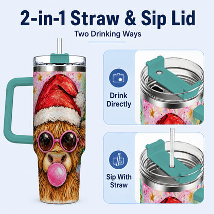 #pl[40oz|Green] Christmas Highland Cow 40oz Tumbler with Handle, Festive Travel Cup