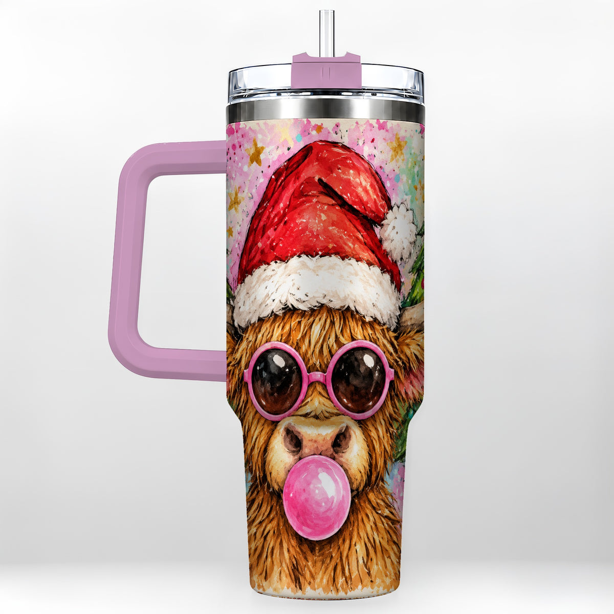 #pl[40oz|Pink] Christmas Highland Cow 40oz Tumbler with Handle, Festive Travel Cup