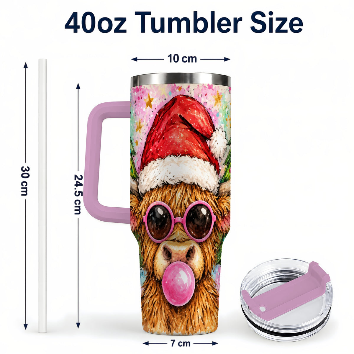 #pl[40oz|Pink] Christmas Highland Cow 40oz Tumbler with Handle, Festive Travel Cup