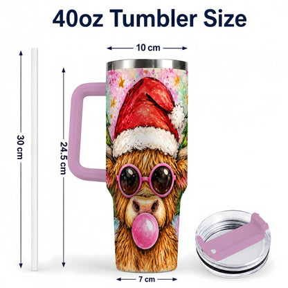 #pl[40oz|Pink] Christmas Highland Cow 40oz Tumbler with Handle, Festive Travel Cup