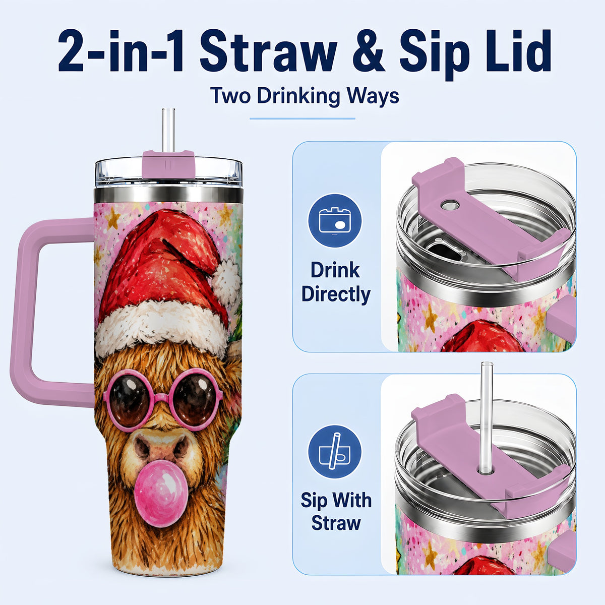 #pl[40oz|Pink] Christmas Highland Cow 40oz Tumbler with Handle, Festive Travel Cup