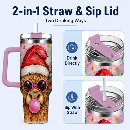 #pl[40oz|Pink] Christmas Highland Cow 40oz Tumbler with Handle, Festive Travel Cup