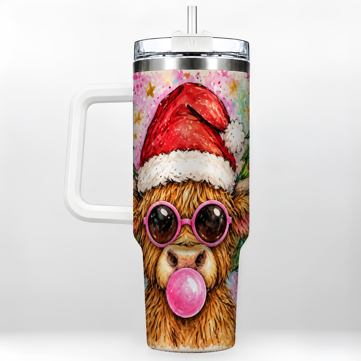 #pl[40oz|White] Christmas Highland Cow 40oz Tumbler with Handle, Festive Travel Cup