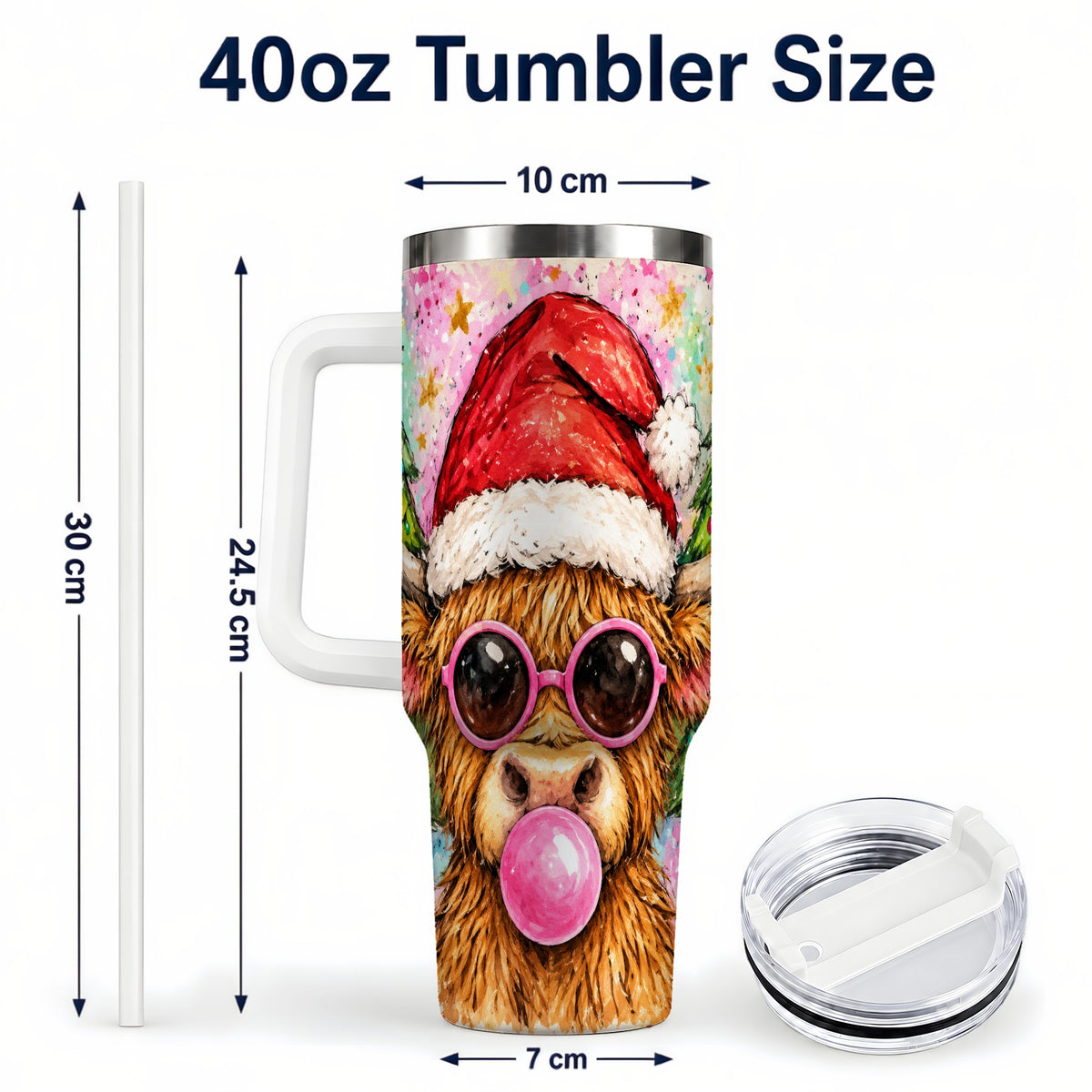 #pl[40oz|White] Christmas Highland Cow 40oz Tumbler with Handle, Festive Travel Cup