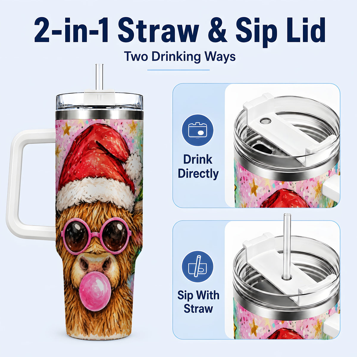 #pl[40oz|White] Christmas Highland Cow 40oz Tumbler with Handle, Festive Travel Cup