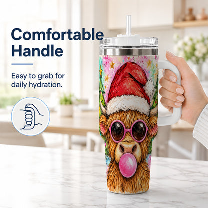 #pl[40oz|White] Christmas Highland Cow 40oz Tumbler with Handle, Festive Travel Cup