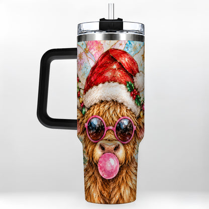 #pl[40oz|Black] Highland Cow 40oz Tumbler with Handle, Christmas Stained Glass Style