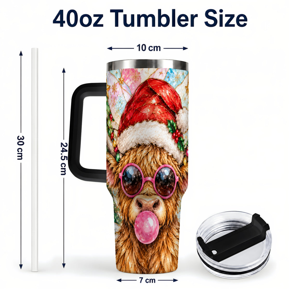 #pl[40oz|Black] Highland Cow 40oz Tumbler with Handle, Christmas Stained Glass Style