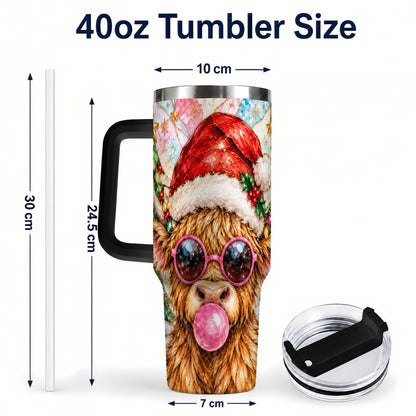 #pl[40oz|Black] Highland Cow 40oz Tumbler with Handle, Christmas Stained Glass Style